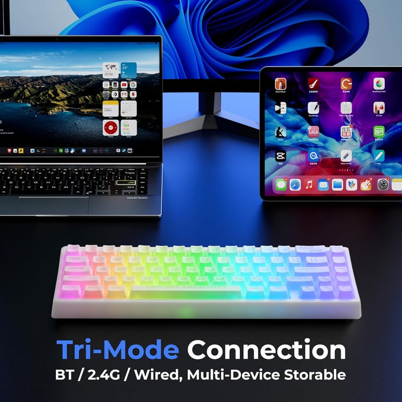 HITIME XVX M67 Wireless 60% Percent Keyboard, QMK/VIA Topographic Gaming Keyboard, Tri-Mode Thocky Creamy Mechanical Key Board, Hot Swappable Gasket Mount RGB IMD Tech for Win/Mac, Miami Theme, White - Image 3